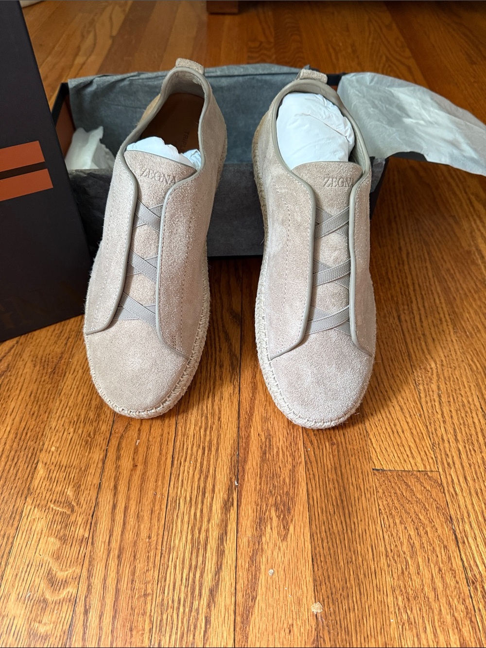 ZEGNA MENS TRIPLE STITCH NEUTRAL SUEDE Slip-On Sneakers in Beige
